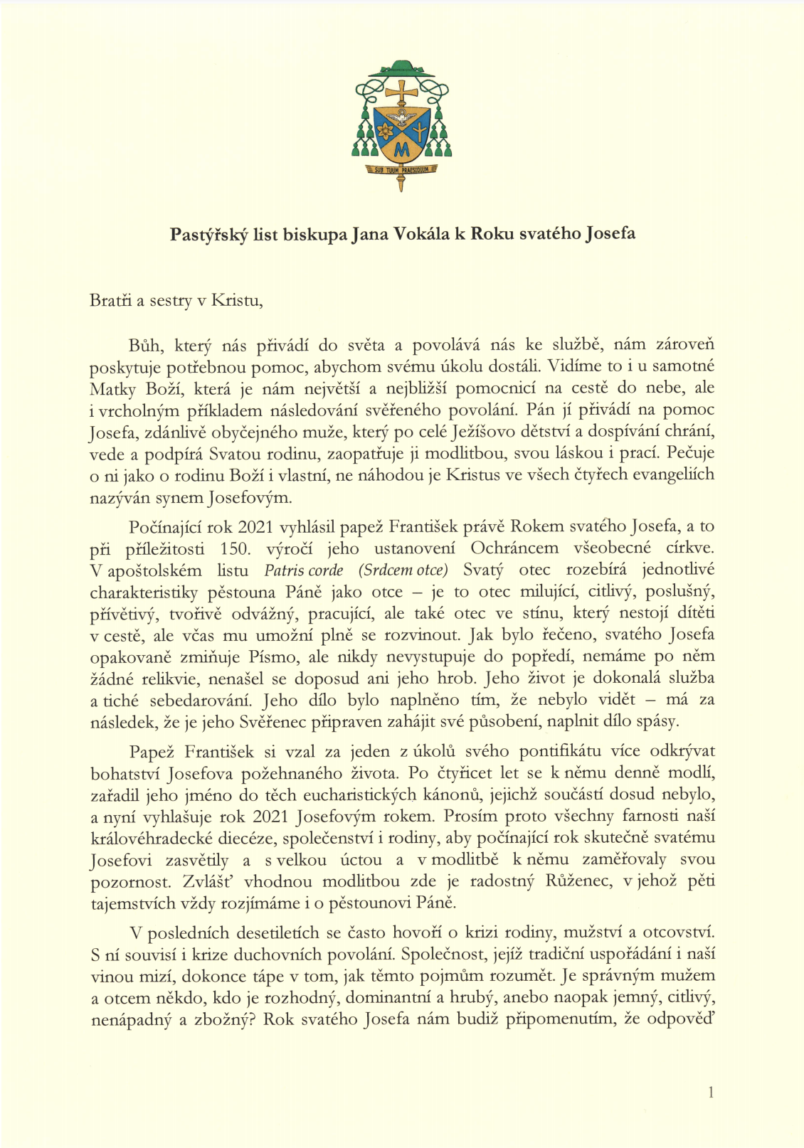 Pastýřský list biskupa Jana Vokála k Roku svatého Josefa