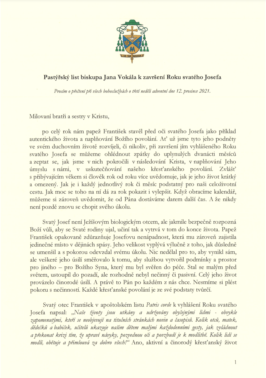 Pastýřský list biskupa Jana Vokála k Roku svatého Josefa