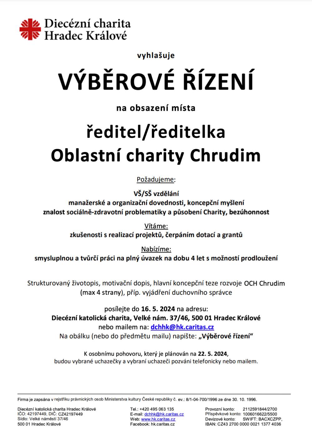 Výběrové řízení na obsazení místa ředitel/ředitelka Oblastní charity Chrudim